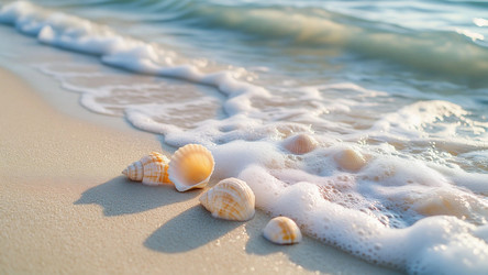 Pastel Pale Turquoise and Beige Seashells on Shore with Waves and Foam – Calm Coastal Art for Beach Decor or Spa Print - Kulkann75
