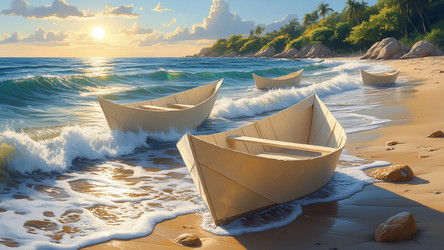 Folded Paper Sailboats on Beach with Ocean Waves – Calm Coastal Still Life for Summer Card, Home Decor or Mindfulness Poster - Kulkann75