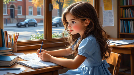 Cartoon Little Girl Studying at Desk by Window – Cute Educational Illustration for Back to School Poster, Kid Learning App or Homeschooling Decor - Kulkann75