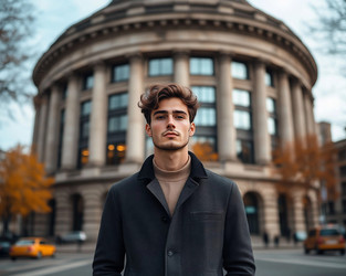 Young Male Student in Coat in Front of University Building – Academic Portrait for Education Marketing or Campus Lifestyle - Kulkann75