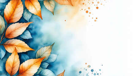 Autumn Watercolor Leaves Frame in Orange and Blue – Fall Poster with Copy Space for Quote, Card or Seasonal Decoration - Kulkann75