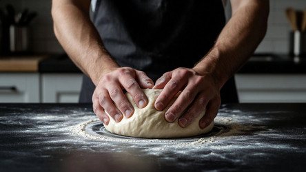 Chef Hands Kneading Dough in Dark Grunge Style – Raw Industrial Baking Scene for Alternative Restaurant Branding or Moody Cooking Content - Kulkann75