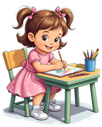 Little Baby Girl Drawing at Table in Kindergarten – Cute Child Art for Preschool Poster, Parenting Blog or Early Learning Material - Kulkann75