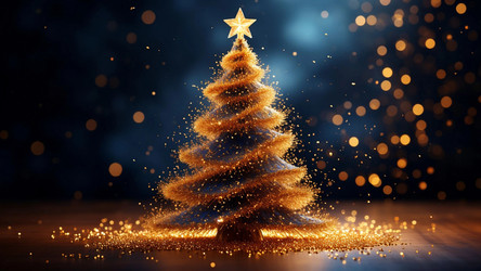 Glowing Golden Christmas Tree on Blue Background with Sparkles – Luxury New Year Decor for Holiday Card, Winter Banner or Party Flyer - Kulkann75