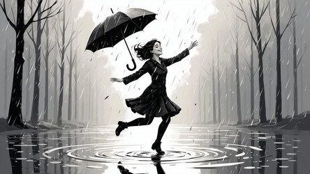 Happy Woman in Raincoat with Umbrella in Park – Playful Doodle Illustration for Weather Blog, Positive Mood Content or Kids Art Print - Kulkann75