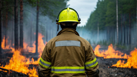 Firefighter Facing Burning Forest from Behind – Wildfire Climate Crisis Concept for Editorial, Emergency Campaign or Disaster Awareness Poster - Kulkann75
