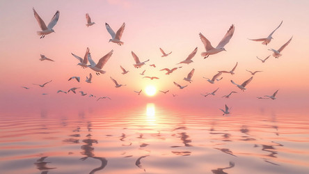 Birds Flying Over Water at Soft Pink Sunrise – Dreamy Nature Poster for Wall Art, Bedroom or Meditation Space - Kulkann75