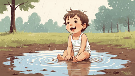 Baby Splashing Water in Puddle with Joy – Playful Cartoon Poster for Nursery Art, Baby Shower Invitation or Weather Theme Design - Kulkann75
