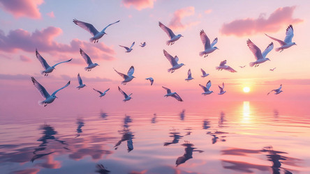 Birds Flying Over Water at Soft Pink Sunrise – Dreamy Nature Poster for Wall Art, Bedroom or Meditation Space - Kulkann75