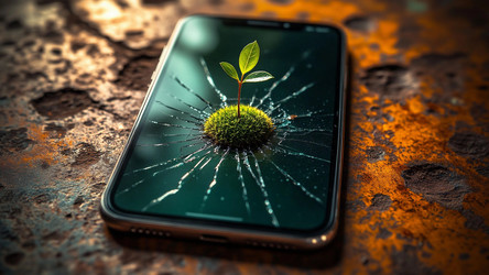 Cracked Smartphone with Falling Matcha Droplet and Green Moss – Gritty Tech Still Life for Editorial or Environmental Awareness - Kulkann75