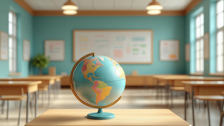 Empty School Classroom with Globe on Front Desk – Back to School Geography Concept for Education Banner, Textbook Cover or Classroom Decoration - Kulkann75