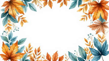 Orange and Blue Fall Leaf Watercolor Border – Blank Center for Text for Thanksgiving Flyer, Invitation or Wall Art - Kulkann75
