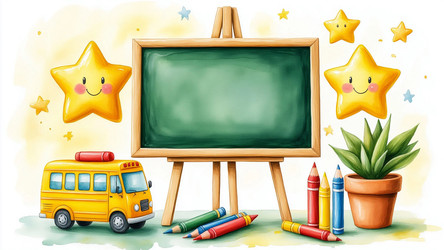 Kids Poster with Chalkboard, Pencils and Toys – Playful School and Kindergarten Illustration for Classroom Decor, Educational Print or Children's Room Art - Kulkann75