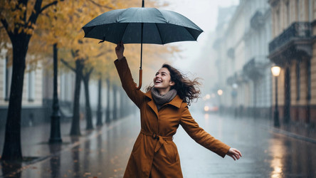 Happy Girl Smiling Under Umbrella in Rain – Joyful Rainy Day Portrait for Weather Blog, Positive Mood Content or Spring Fashion Ad - Kulkann75