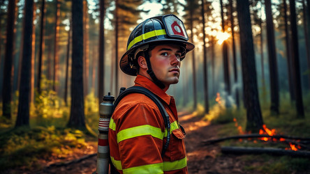 Silhouette of Brave Fireman Watching Blazing Wildfire – Dramatic Nature Disaster Scene for News Article, Safety Ad or Environmental Documentary - Kulkann75