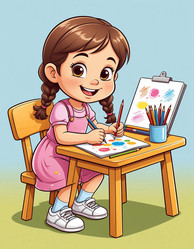 Flat Cute Illustration of Toddler Girl Painting at Table in Kindergarten – Happy Childhood Art for Nursery Poster or Kids Branding - Kulkann75