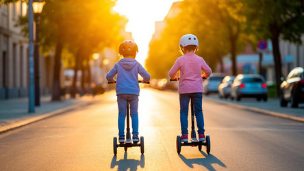 Children on Scooters from Behind Riding in City at Sunset – Active Kids Commuting for Lifestyle Content, Urban Childhood or Summer Evening Scene - Kulkann75