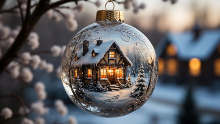 New Year Glass Ball on Tree Reflecting Cozy Wooden House Inside – Magical Winter Scene for Holiday Card or Nostalgic Christmas Print - Kulkann75