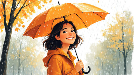 Happy Woman with Umbrella in Rainy Autumn Park – Flat Style Illustration for Weather Blog, Seasonal Mood Content or Positive Living Art - Kulkann75