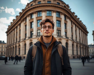 Young Male Student in Coat in Front of University Building – Academic Portrait for Education Marketing or Campus Lifestyle - Kulkann75