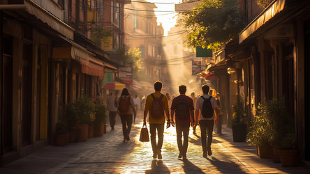 Summer City Sunset with Silhouettes of People – Warm Urban Evening Scene for Travel Ads, Lifestyle Editorial or Romantic Mood Content - Kulkann75