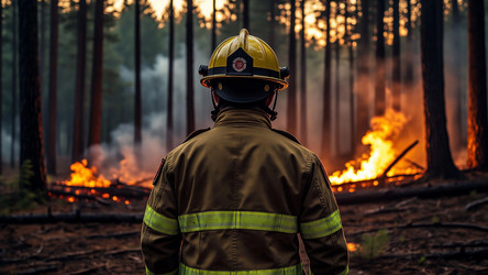 Silhouette of Brave Fireman Watching Blazing Wildfire – Dramatic Nature Disaster Scene for News Article, Safety Ad or Environmental Documentary - Kulkann75