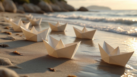 Folded Paper Sailboats on Beach with Ocean Waves – Calm Coastal Still Life for Summer Card, Home Decor or Mindfulness Poster - Kulkann75