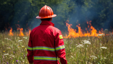 Silhouette of Brave Fireman Watching Blazing Wildfire – Dramatic Nature Disaster Scene for News Article, Safety Ad or Environmental Documentary - Kulkann75