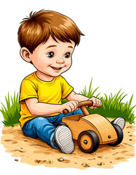 Little Baby Boy Playing in Sand with Dump Truck – Cute Child Drawing for Kids Poster, Toy Store Ad or Parenting Illustration - Kulkann75