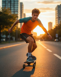 Young Guy Riding Skateboard in City at Sunset – Urban Evening Lifestyle Scene for Sports Brand, Youth Culture or Summer Ad Content - Kulkann75