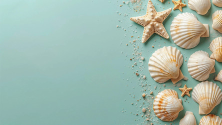 White Seashells on Pastel Blue Background with Copy Space – Coastal Minimalist Print for Spa, Summer or Beach Decor - Kulkann75