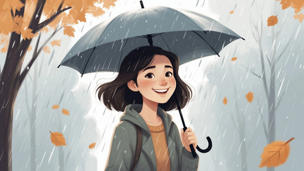Happy Girl Under Umbrella in Rain – Flat Anime Poster for Positive Mood, Weather Theme or Youth Illustration - Kulkann75