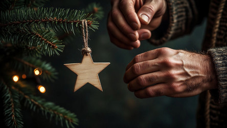 Old Wrinkled Hands Placing Plywood Star on Christmas Tree – Heartwarming Holiday Tradition for Family, Grandparent or Memory Keeper Concept - Kulkann75