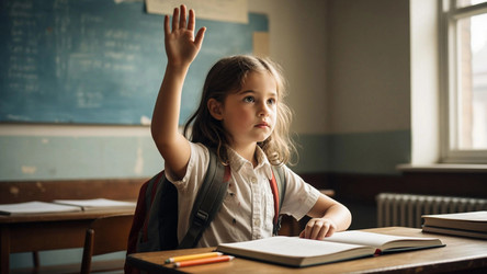 Schoolgirl Raising Hand at Desk in Classroom – Engaged Elementary Student for Education, Back to School or Learning Concept - Kulkann75