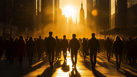 Silhouettes of People in City at Sunset Flooded with Golden Light – Warm Urban Atmosphere for Travel Ads, Lifestyle Editorial or Evening Mood Content - Kulkann75