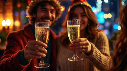 Romantic Couple Holding Champagne Flutes – Christmas Toast for Holiday Card, Wedding Ad or New Year Celebration Poster - Kulkann75