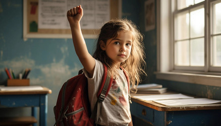 Schoolgirl Raising Hand at Desk in Classroom – Engaged Elementary Student for Education, Back to School or Learning Concept - Kulkann75