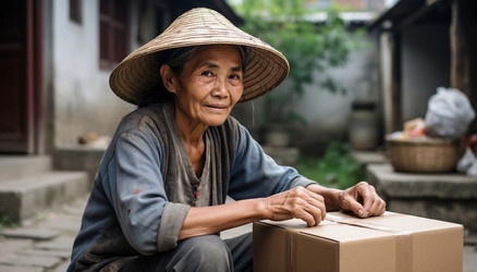 Elderly Asian Woman Packing Goods in Home Courtyard – Authentic Small Business or Family Workshop for Editorial or Social Commerce - Kulkann75