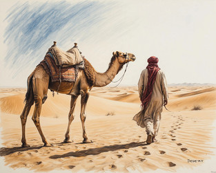 Dry Pastel Art of Bedouin with Camel in Desert – Warm Oriental Print for Travel Poster, Canvas or Cultural Calendar - Kulkann75