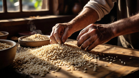 Elderly Hands Sorting Grains on Wooden Table – Traditional Manual Work for Heritage Editorial, Slow Living Concept or Nostalgic Food Scene - Kulkann75