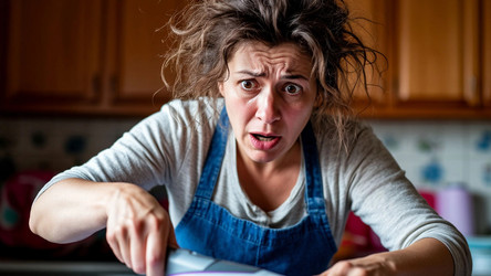 Disheveled Woman with Distorted Face Caught Badly While Cooking – Awkward Kitchen Fail for Humor or Lifestyle Blog - Kulkann75