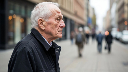 Lonely Elderly Man in City with Signs of Dementia – Emotional Portrait for Alzheimer's Awareness, Senior Care Campaign or Mental Health Editorial - Kulkann75