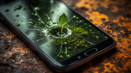 Cracked Smartphone with Falling Matcha and Moss – Gritty Dawn Still Life for E‑Waste Editorial or Eco Poster - Kulkann75