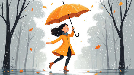 Happy Woman Dancing with Umbrella in Autumn Park – Playful Flat Illustration for Weather Content, Positive Mood or Fall Lifestyle Art - Kulkann75