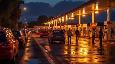 Long Line of Cars at Petrol Station After Dark – Crowded Night Refueling for News Article, Supply Issue Story or Street Lifestyle Photography - Kulkann75