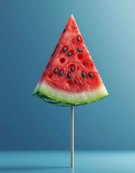 Natural Slice of Ripe Watermelon on Stick Over Blue Background – Fresh Summer Snack for Tropical Party or Juice Bar Promo - Kulkann75