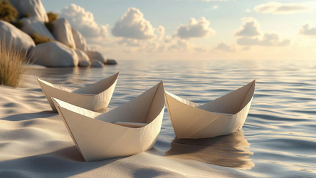 Paper Boats on Sandy Seashore in Summer Sun – Nostalgic Childhood Scene for Wall Art, Travel Print or Storytelling Content - Kulkann75