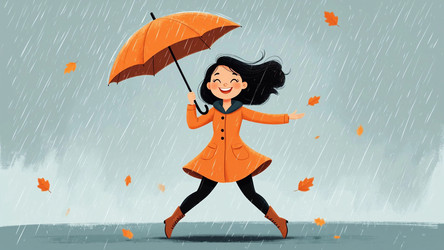 Happy Girl Under Umbrella in Rain – Flat Anime Poster for Positive Mood, Weather Theme or Youth Illustration - Kulkann75