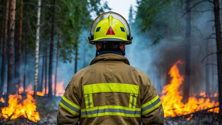 Firefighter Facing Burning Forest from Behind – Wildfire Climate Crisis Concept for Editorial, Emergency Campaign or Disaster Awareness Poster - Kulkann75