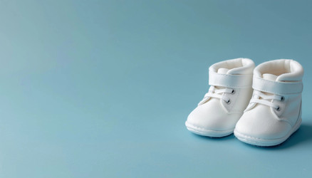 Pastel Blue Background with Tiny White Baby Shoes in Corner – Newborn Poster for Baby Shower Invitation or Nursery Decor - Kulkann75